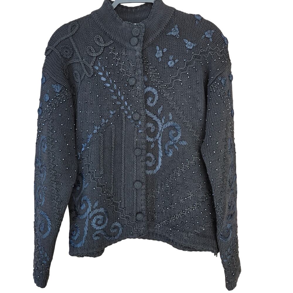 vtg L.N.I. 90s 80s Beaded Snap Front Cardigan M/L Black momcore office Floral